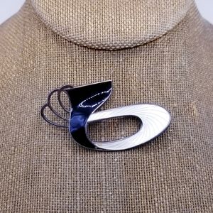 Vintage Retro 80's Sterling Silver Black & White Enamel Brooch Pin Signed Norway